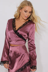 Mauve Satin Lace Trim Wrap Around Tie Crop Top - Dream-Crop Tops