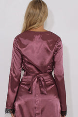 Mauve Satin Lace Trim Wrap Around Tie Crop Top - Dream-Crop Tops