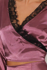 Mauve Satin Lace Trim Wrap Around Tie Crop Top - Dream-Crop Tops