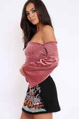 Mauve Velvet Bardot Shirred Crop Top with Flared Sleeves - Shera-Crop Tops