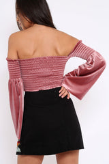 Mauve Velvet Bardot Shirred Crop Top with Flared Sleeves - Shera-Crop Tops