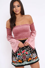 Mauve Velvet Bardot Shirred Crop Top with Flared Sleeves - Shera-Crop Tops