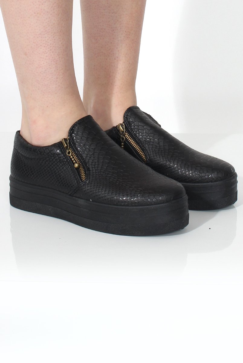 Megan Black Snakeskin Platform Skaters-Shoes