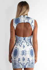 Melinda White & Blue Paisley Print Dress-Dresses