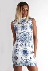 Melinda White & Blue Paisley Print Dress-Dresses