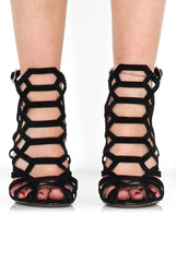Merci Black Suede Caged Heels-Heels