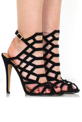 Merci Black Suede Caged Heels-Heels