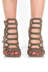 Merci Khaki Suede Caged Heels-Heels