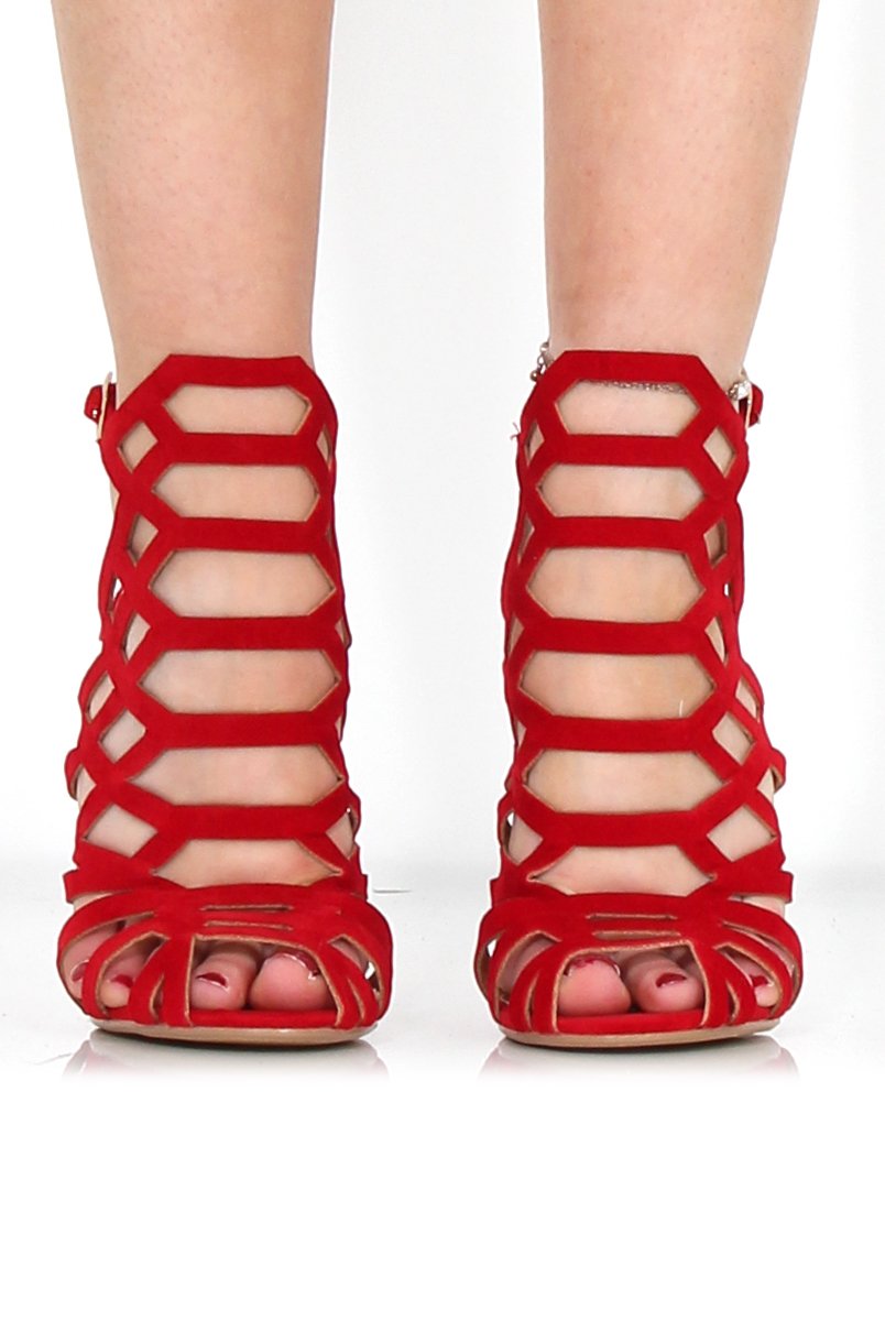 Merci Red Suede Caged Heels-Heels