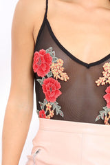 Mesh Applique Rose Bodysuit - Malena-Bodysuits