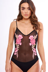 Mesh Floral Embroidered Cami Bodysuit - Evita-Bodysuits