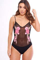 Mesh Floral Embroidered Cami Bodysuit - Evita-Bodysuits