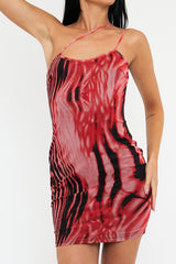 Red Zebra Print Mesh Asymmetric Straps Mini Dress - Tuliya