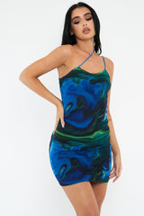 Blue Print Mesh Asymmetric Straps Mini Dress - Tuliya