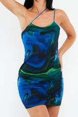 Blue Print Mesh Asymmetric Straps Mini Dress - Tuliya