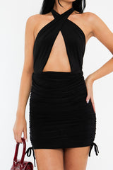 Black Slinky Ruched Halter Neck Mini Dress - Raylinn