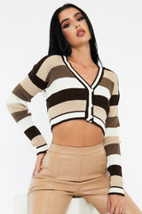 Brown Stripe Button Up Knit Crop Top - Reeha