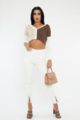 Brown Stripe Button Front Knit Crop Top - Reimi