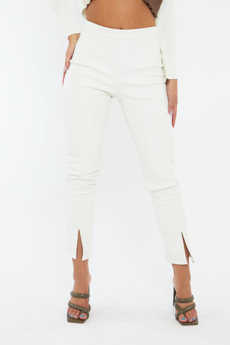 White PU Leather Front Slit Trousers - Caro