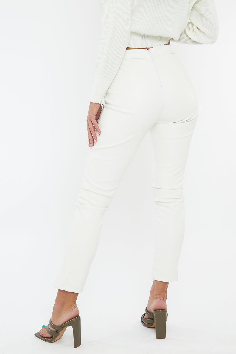 White PU Leather Front Slit Trousers - Caro