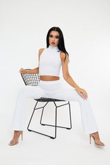 White High Neck Crop Top & Flare Pants Set - Dailyn
