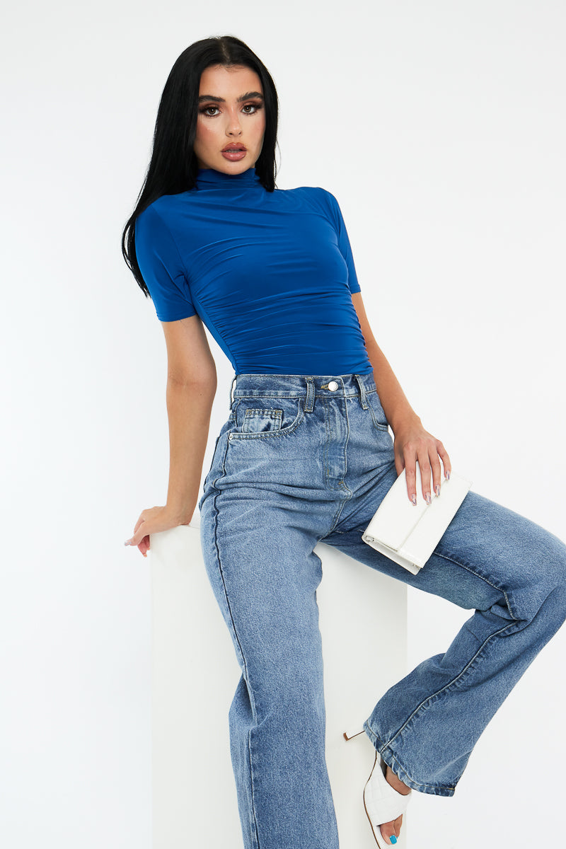 Blue Slinky High Neck Ruched Side Bodysuit - Avea
