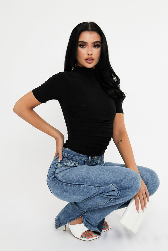 Black Slinky High Neck Ruched Side Bodysuit - Avea