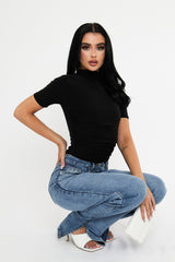 Black Slinky High Neck Ruched Side Bodysuit - Avea