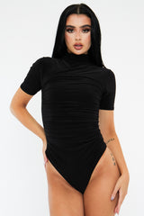 Black Slinky High Neck Ruched Side Bodysuit - Avea