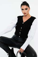 Black Contrast Sleeves Knitted Top - Mckaela