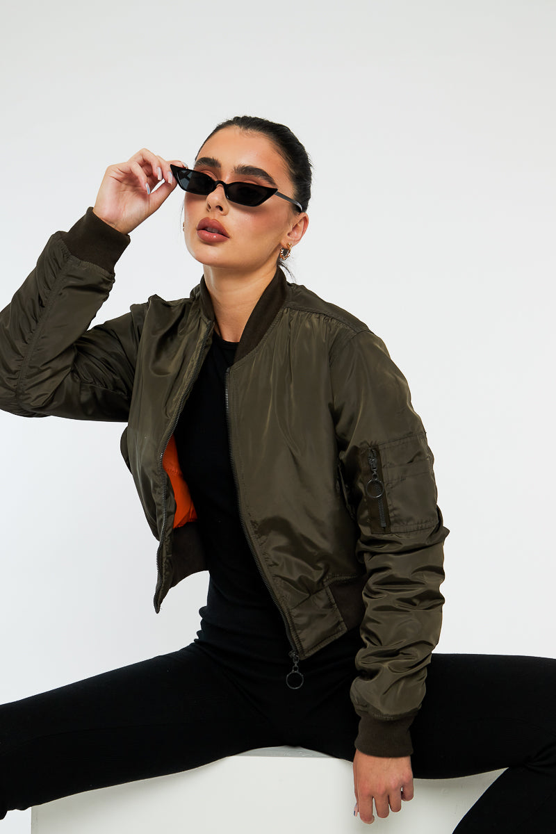 Khaki Zip Front Bomber Jacket - Jiya