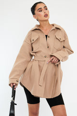 Beige Belted Pocket Front Shacket - Meera