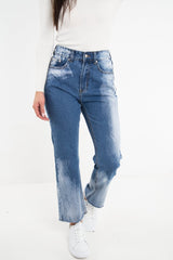 Mid Blue Acid Wash Straight Leg Denim Jeans - Eleina-Jeans