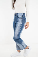 Mid Blue Acid Wash Straight Leg Denim Jeans - Eleina-Jeans