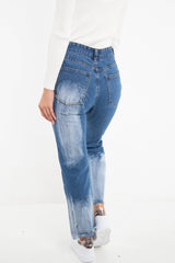 Mid Blue Acid Wash Straight Leg Denim Jeans - Eleina-Jeans