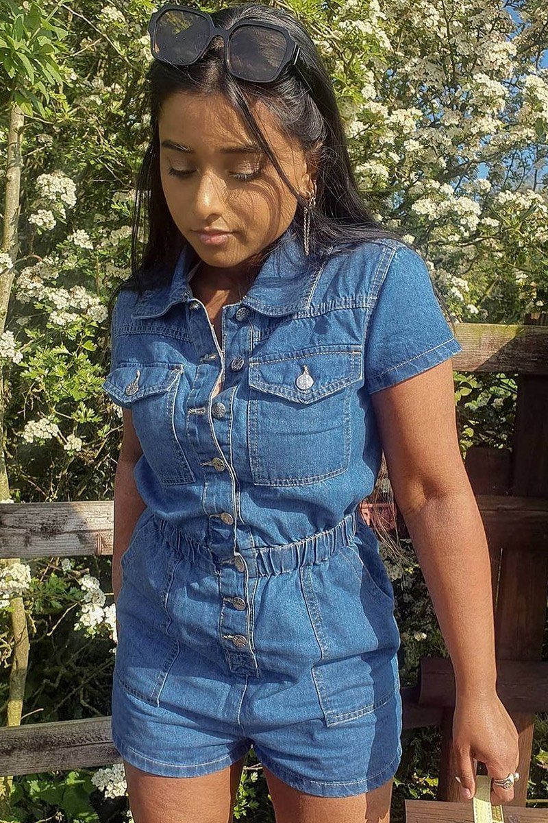 Mid Blue Button Front Denim Playsuit - Briasia-Playsuits