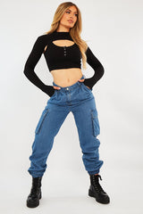 Mid Blue Cargo Cuffed Ankle Denim Jeans - Amarisa-Jeans