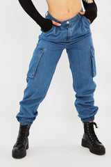 Mid Blue Cargo Cuffed Ankle Denim Jeans - Amarisa-Jeans