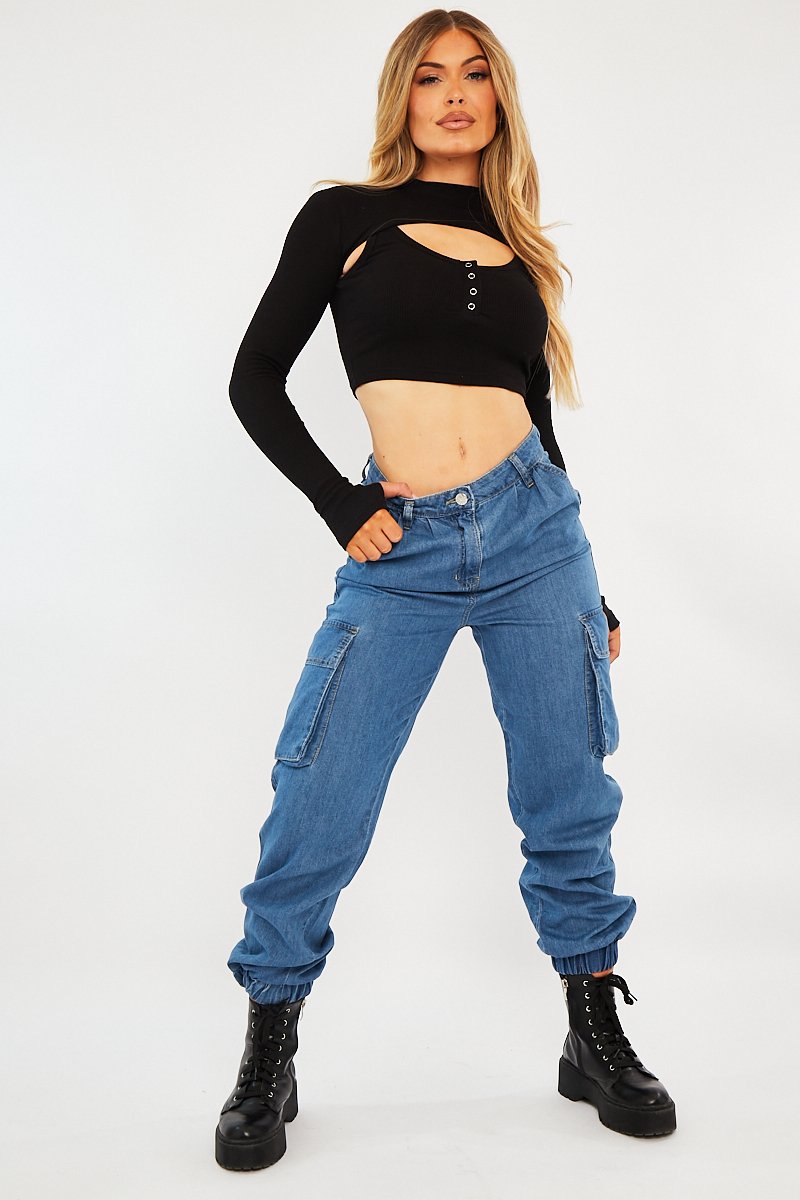 Mid Blue Cargo Cuffed Ankle Denim Jeans - Amarisa-Jeans