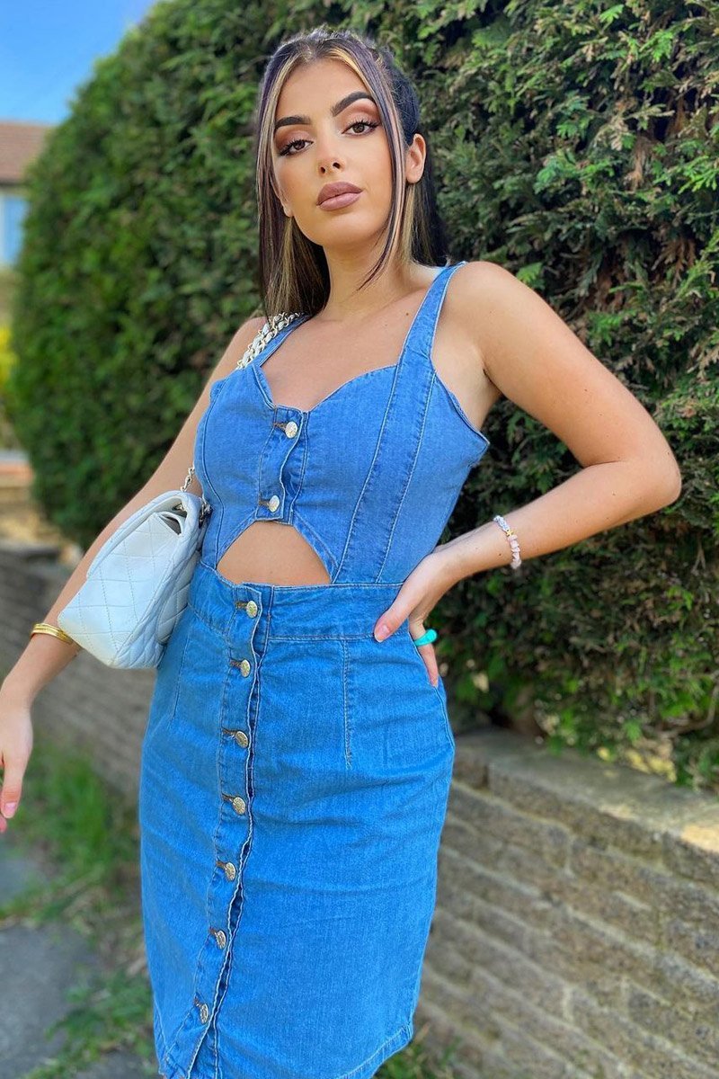 Mid Blue Cut Out Button Front Denim Mini Dress - Saphia-Dresses