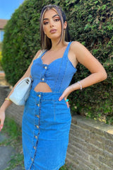 Mid Blue Cut Out Button Front Denim Mini Dress - Saphia-Dresses