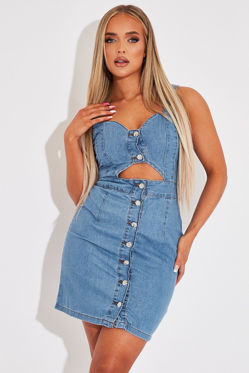 Mid Blue Cut Out Button Front Denim Mini Dress - Saphia-Dresses