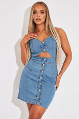 Mid Blue Cut Out Button Front Denim Mini Dress - Saphia-Dresses