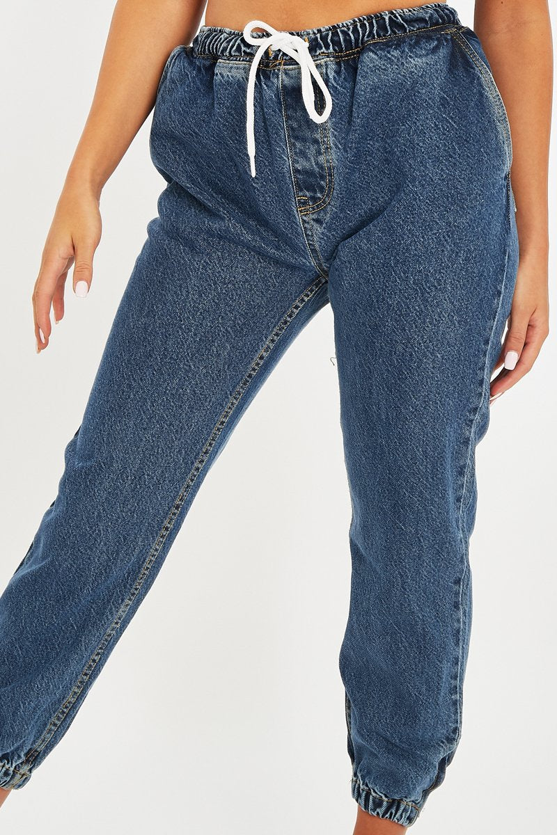 Mid Blue Denim Oversized Joggers - Vylette-Joggers