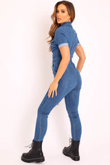 Mid Blue Denim Short Sleeve Button Up Belted Waist Boilersuit - Stevie-Jumpsuits