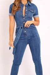 Mid Blue Denim Short Sleeve Button Up Belted Waist Boilersuit - Stevie-Jumpsuits