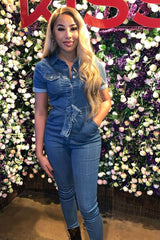 Mid Blue Denim Short Sleeve Button Up Belted Waist Boilersuit - Stevie-Jumpsuits