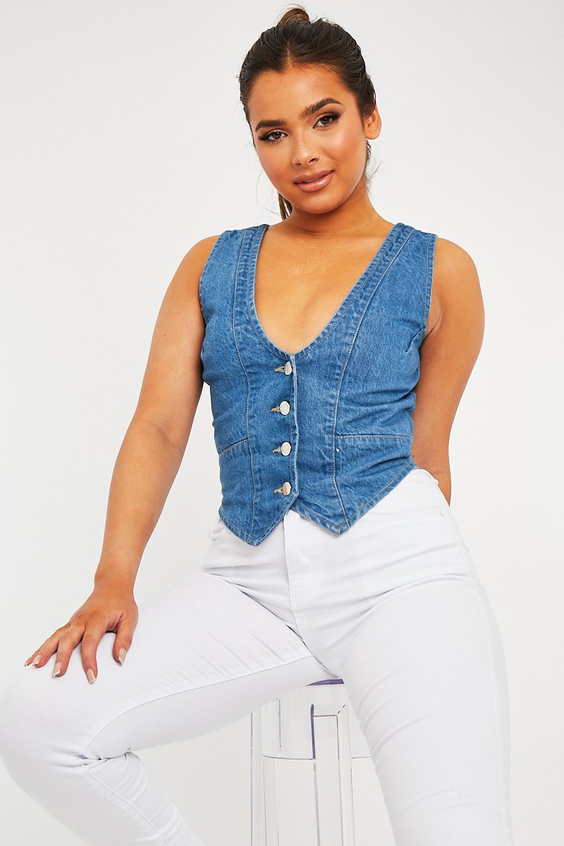 Mid Blue Denim Waistcoat - Kenda-Tops