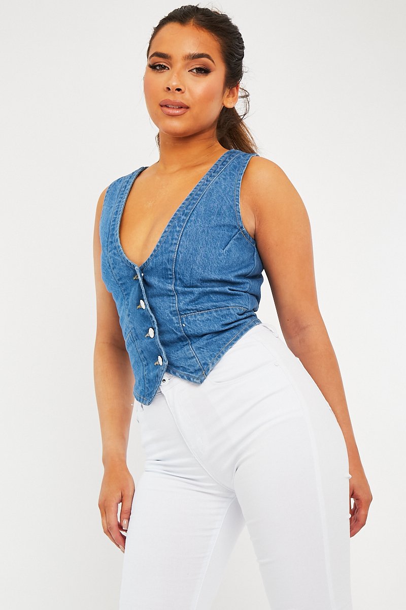 Mid Blue Denim Waistcoat - Kenda-Tops