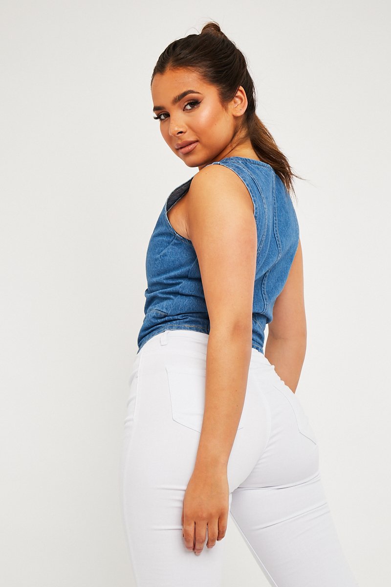 Mid Blue Denim Waistcoat - Kenda-Tops